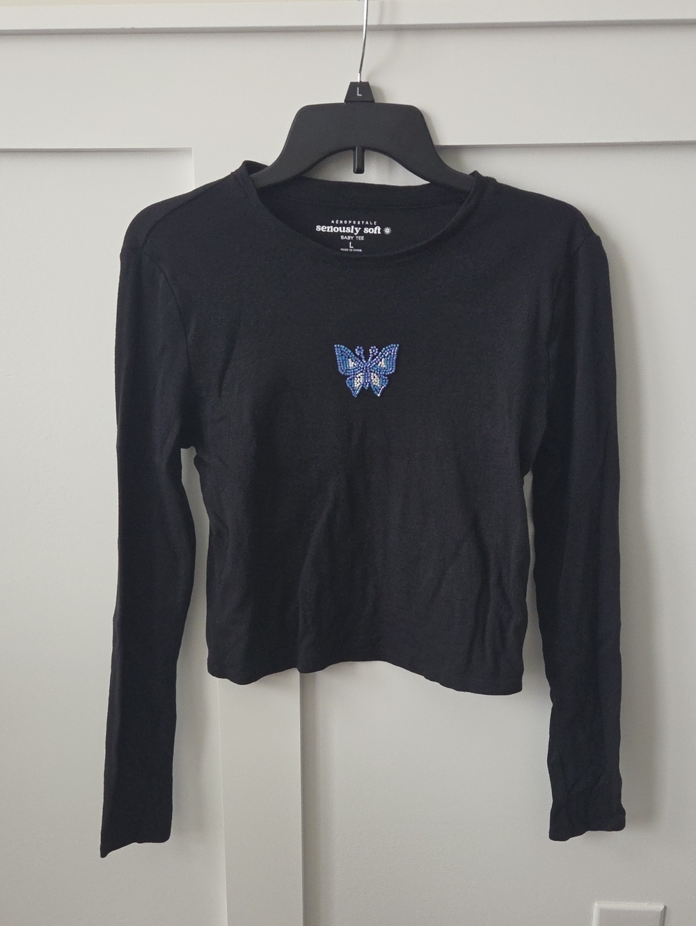 Aeropostale Black Long Sleeve Tee with Beaded Butterfly Accent